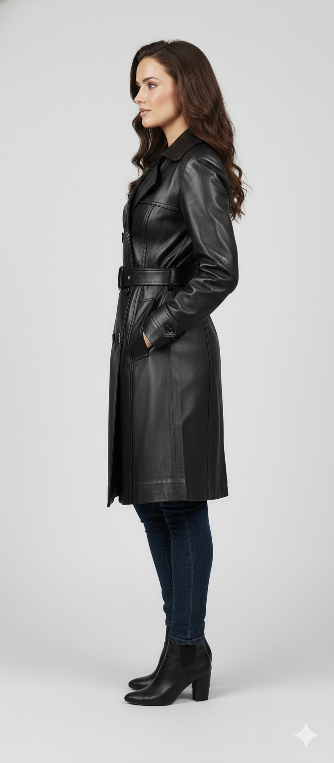 Model wearing a sophisticated black belted leather trench coat 