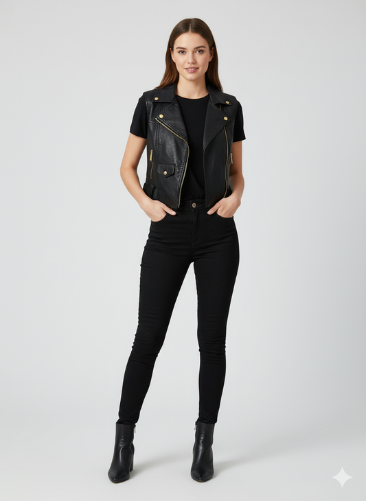 Women's black cropped Black leather moto vest with asymmetrical zipper and gold-toned hardware.