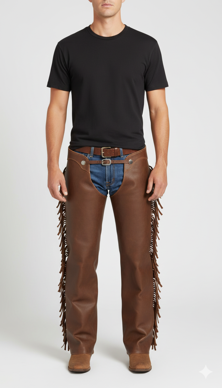 Men's cedar brown leather western chaps with full-length side fringe and dual-buckle adjustable waist.