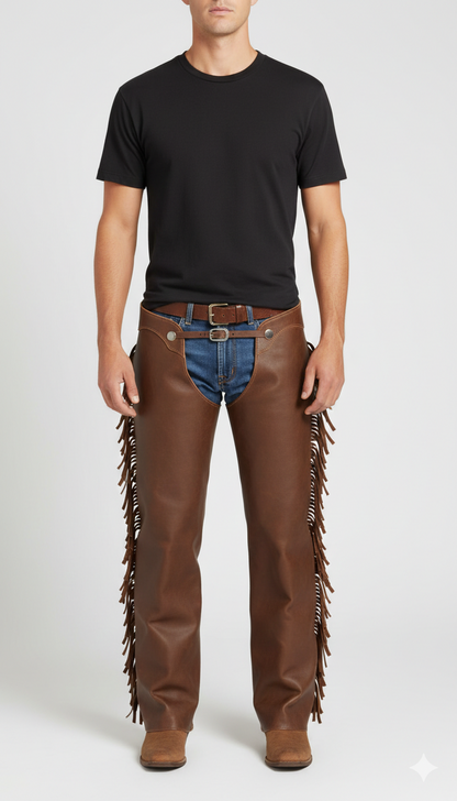 Men's cedar brown leather western chaps with full-length side fringe and dual-buckle adjustable waist.
