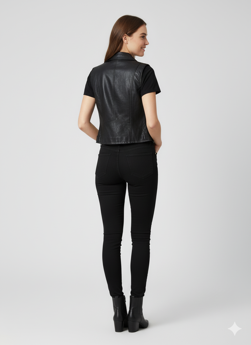 Cropped black vest highlighting the gold hardware on the zipper, snaps, and pockets.