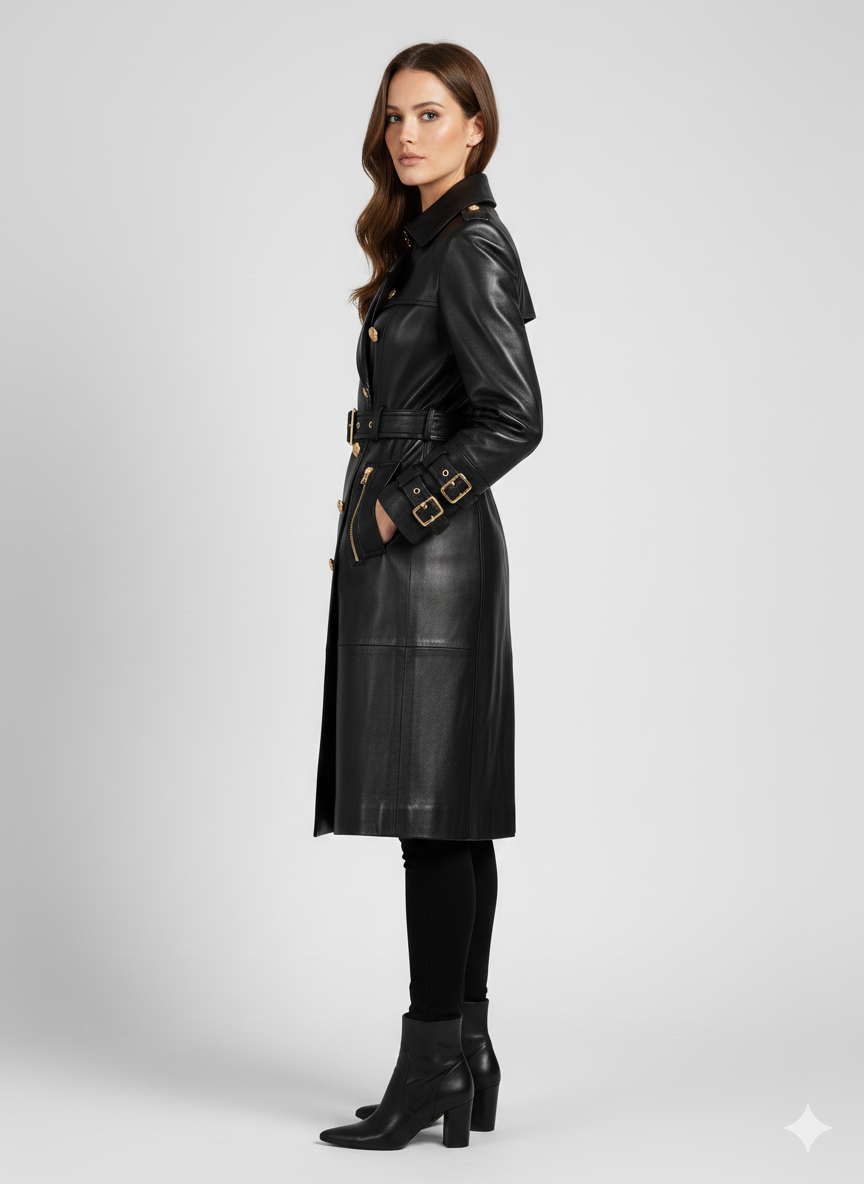 Model wearing a sophisticated black military-style trench coat with gold hardware over black leggings and boots.