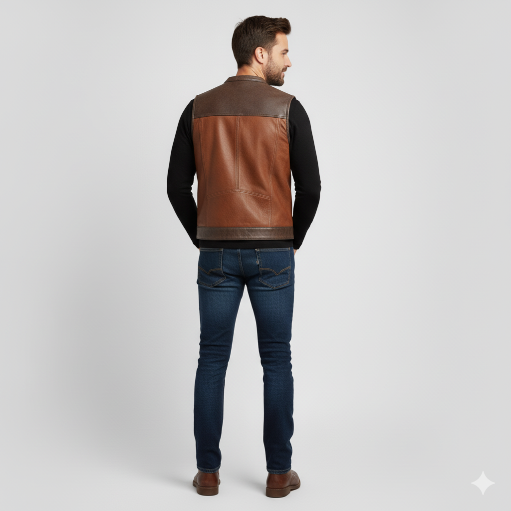 Classic pilot-style vest in brown leather with exposed shearling trim on the collar and hem for cold weather.