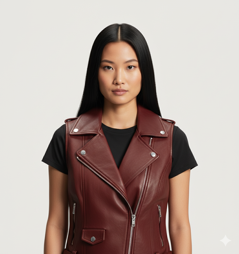 Close-up of the smooth burgundy leather, diagonal zipper, and the buckle detail at the hem of the women's vest.
