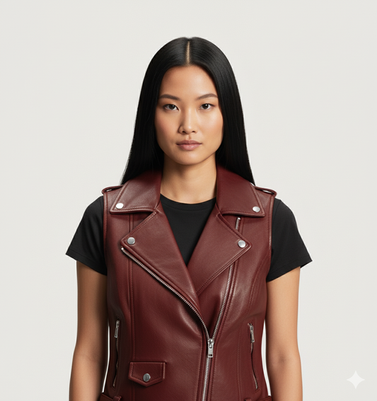 Close-up of the smooth burgundy leather, diagonal zipper, and the buckle detail at the hem of the women's vest.