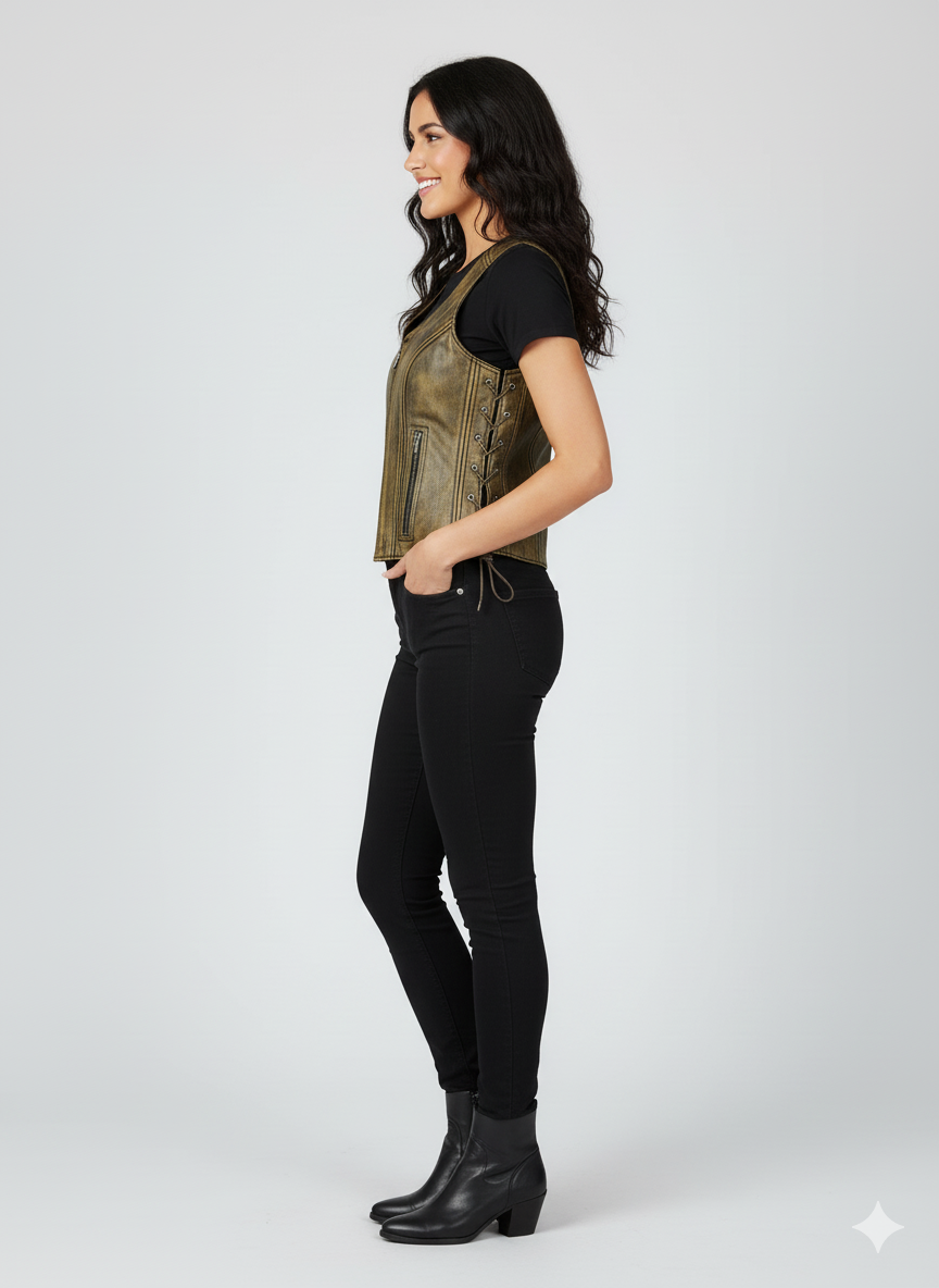 Sleek brown V-neck vest featuring a central zip and decorative adjustable lacing on the side seams.