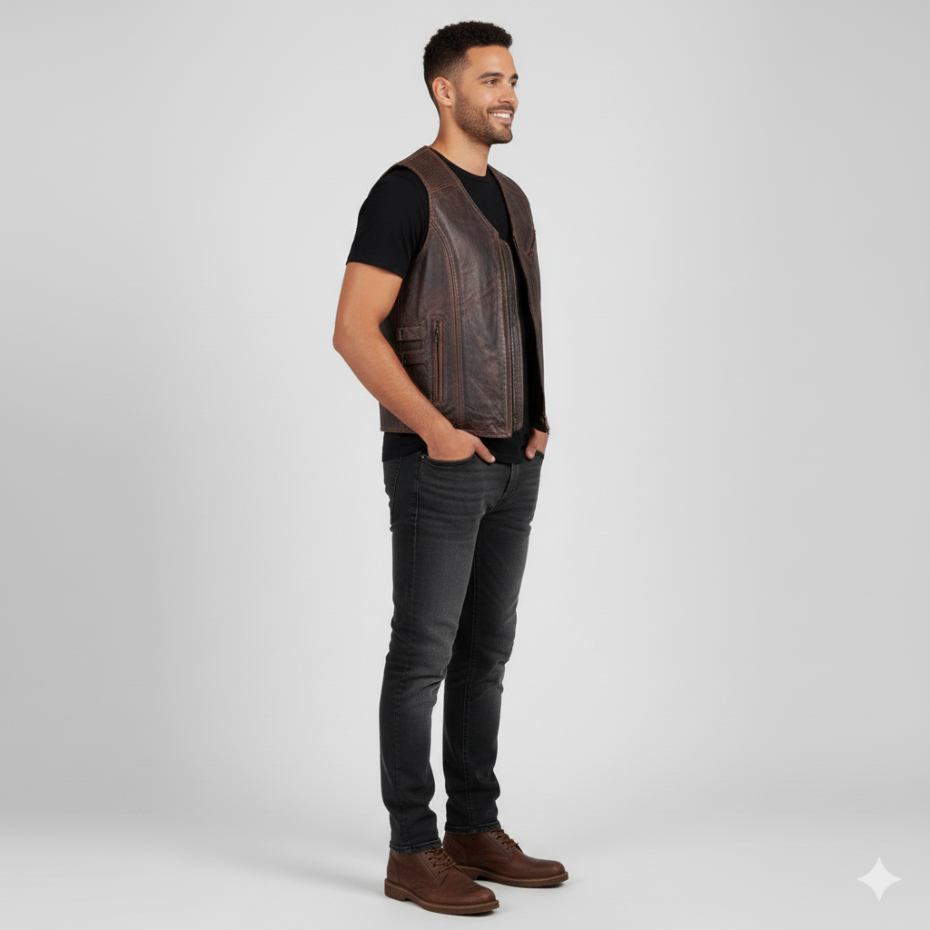 Rugged, distressed brown leather vest with moto-inspired zipper details on the chest.