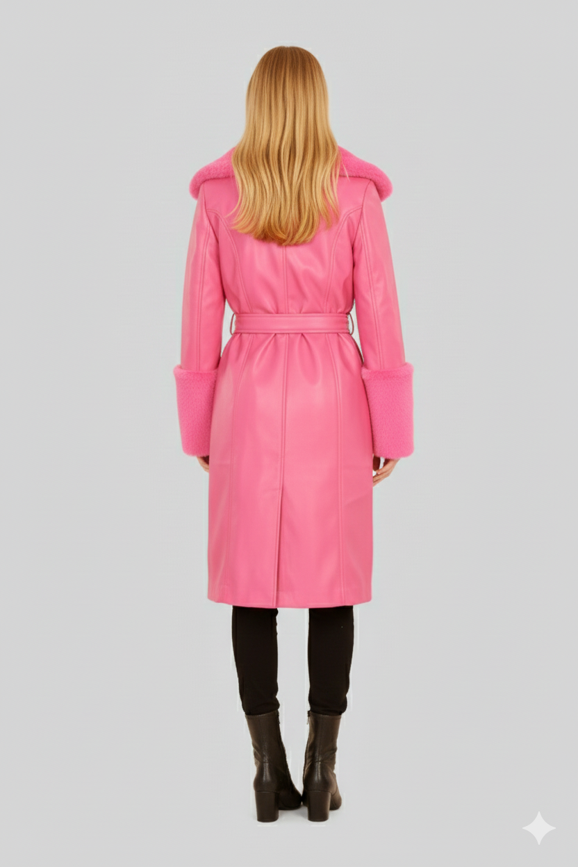 Close-up of the thick, fluffy pink fur on the collar of a high-fashion pink leather-look coat.