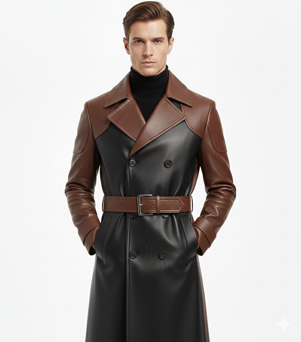 Double-breasted longline leather overcoat for men featuring contrasting brown shoulder panels and buckled wrist straps.