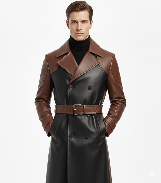 Double-breasted longline leather overcoat for men featuring contrasting brown shoulder panels and buckled wrist straps.