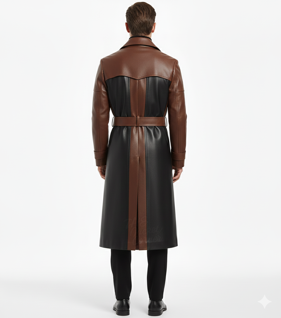 Close-up of the metallic belt buckle and tonal black buttons on a premium men's dual-tone leather duster.