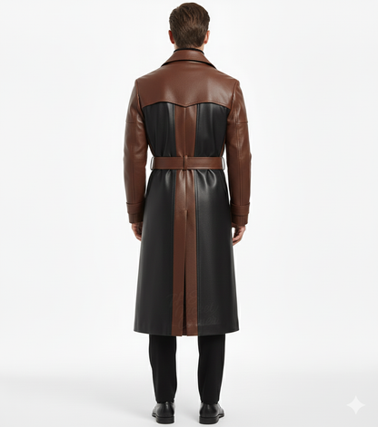 Close-up of the metallic belt buckle and tonal black buttons on a premium men's dual-tone leather duster.