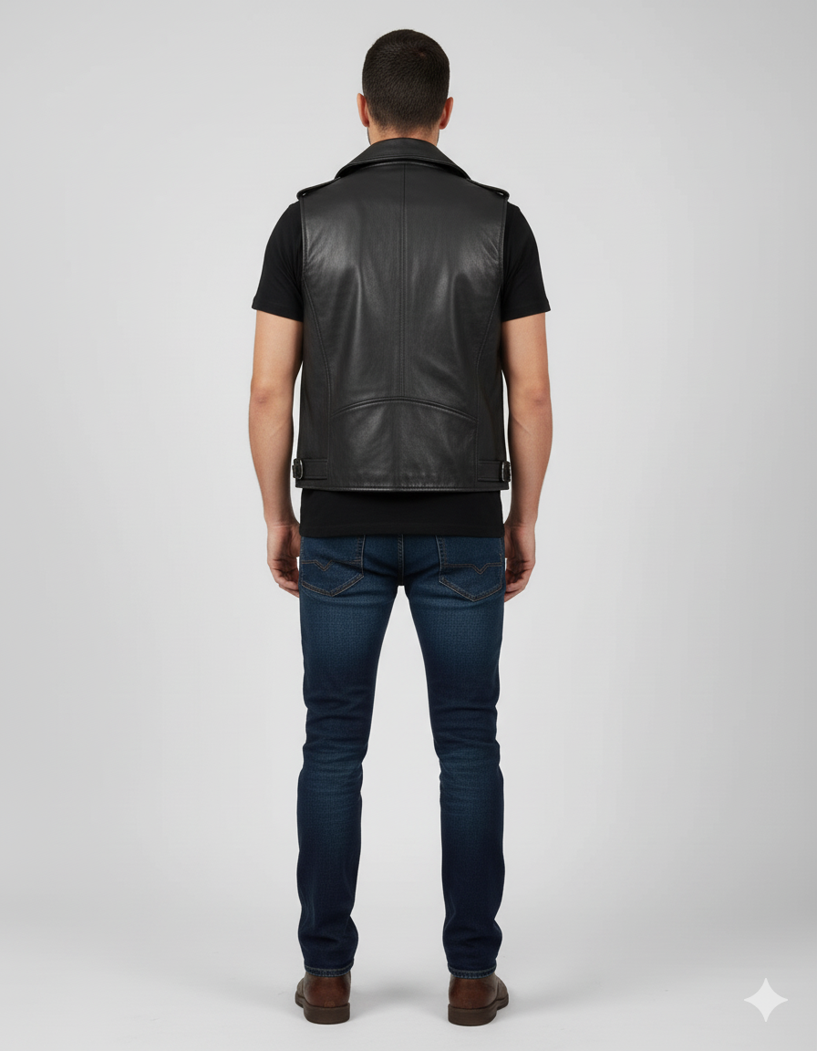 Classic black leather cut-off vest, modeled, showing the fit and zippered front pockets.