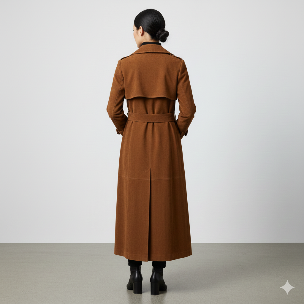 Detail view of the tortoiseshell buttons and black rectangular waist buckle on a premium tan women's coat.
