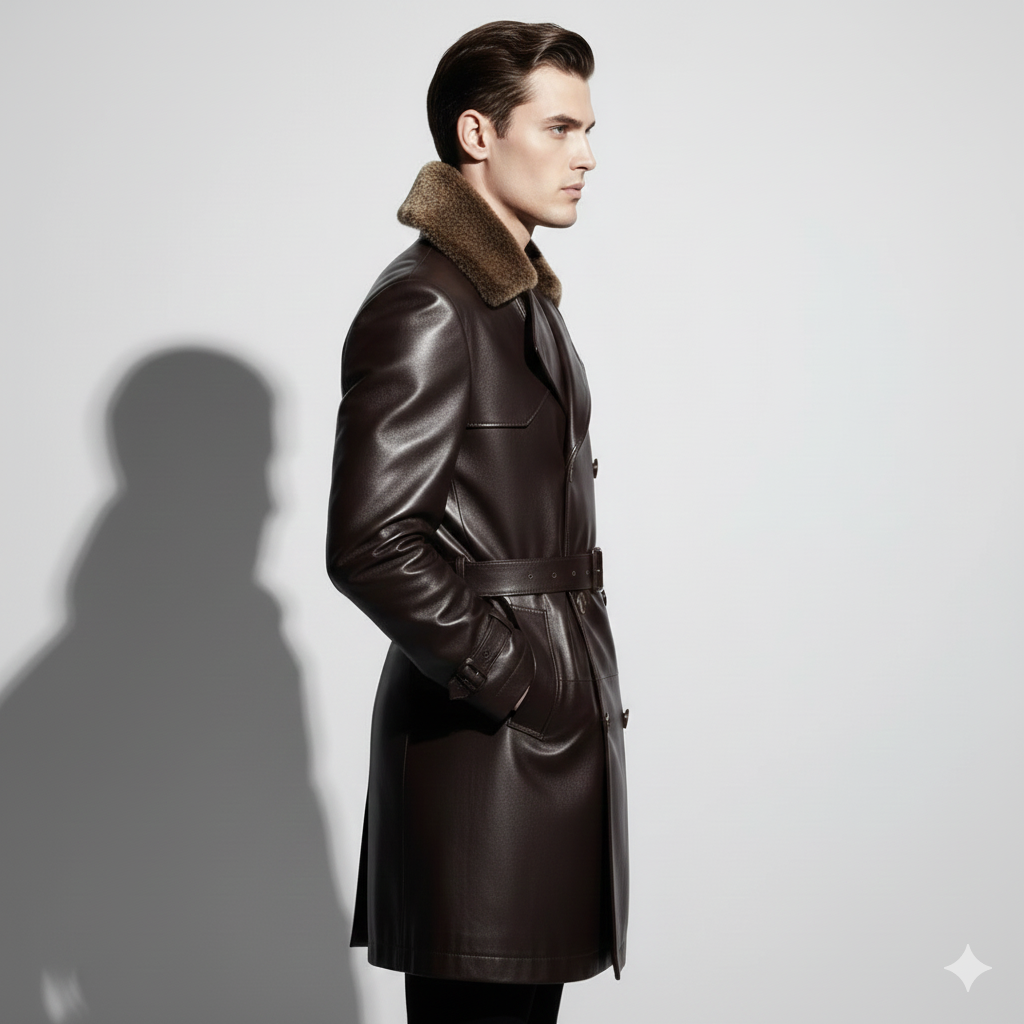Male model wearing a luxury mahogany leather trench coat with buckled cuffs and structured shoulders.