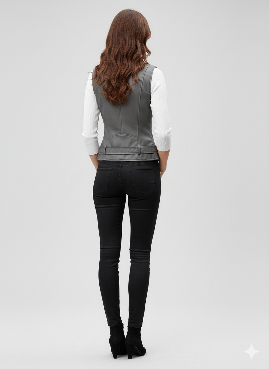 Sleeveless gray leather biker jacket style vest featuring silver hardware, zippered pockets, and a flattering belted waist.