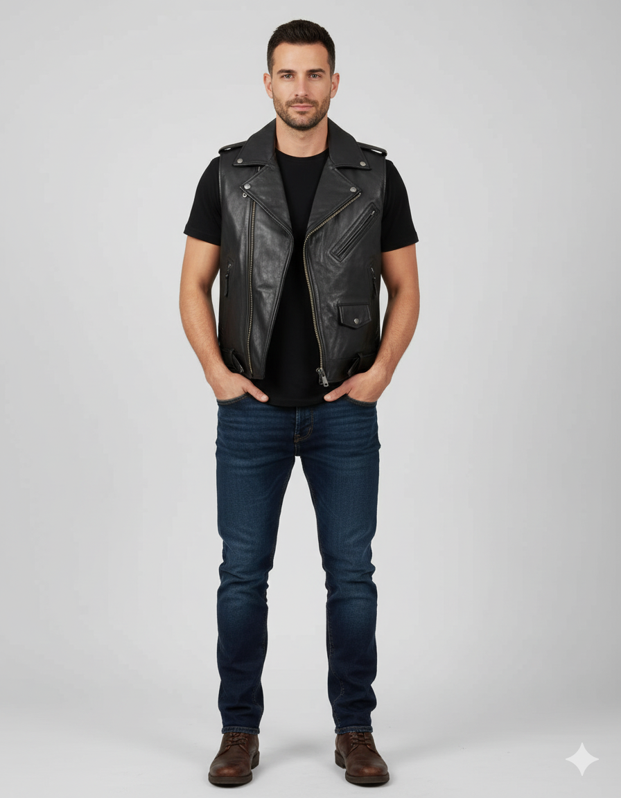 Men's Black Leather Biker Vest with asymmetrical zipper, wide lapels, and multiple zippered pockets.
