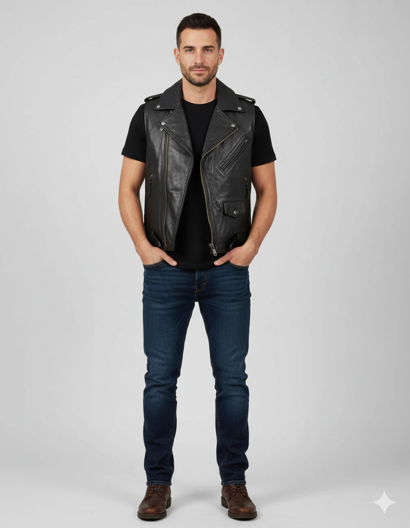 Men's Black Leather Biker Vest with asymmetrical zipper, wide lapels, and multiple zippered pockets.