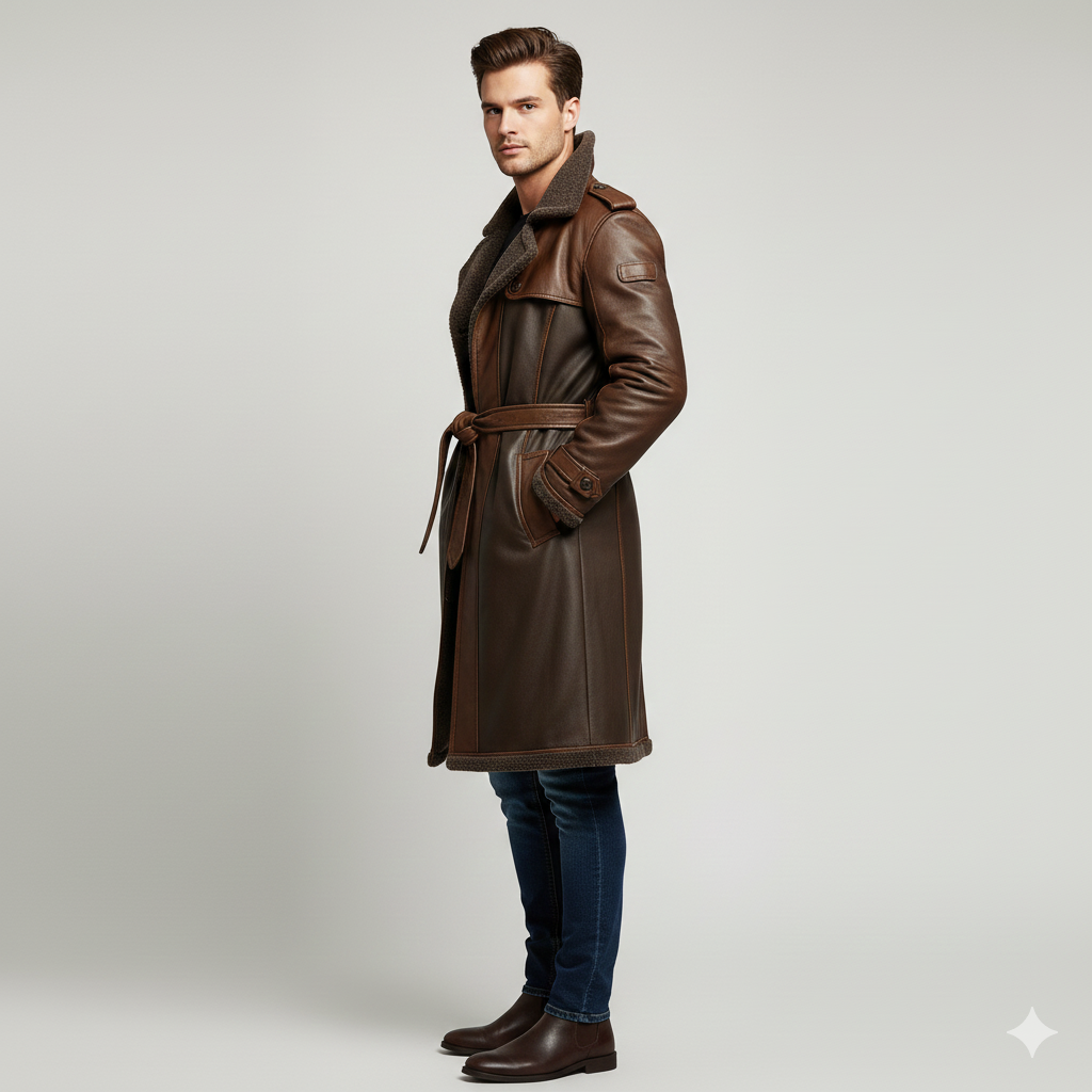 Model wearing a luxury paneled brown leather shearling coat