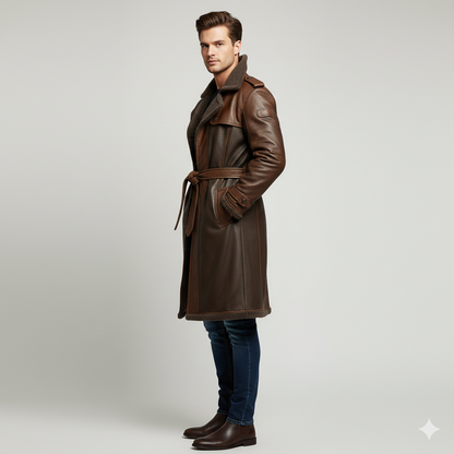 Model wearing a luxury paneled brown leather shearling coat