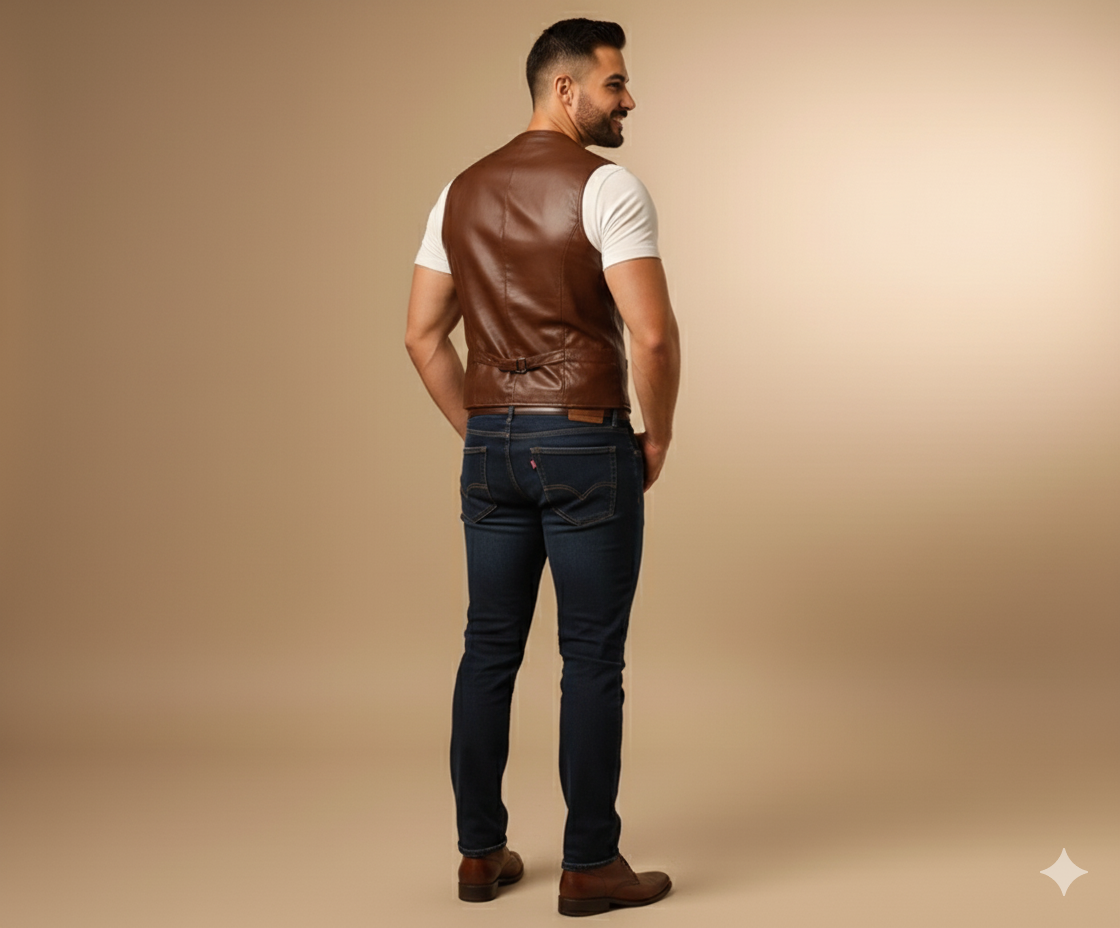 Sleek, sophisticated brown leather vest for men, designed in a classic formal waistcoat style.