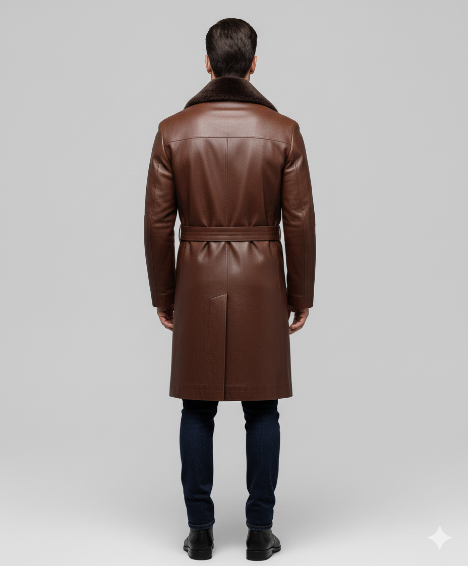 Close-up of the rich brown leather texture and soft dark fur collar on a premium men's winter overcoat.
