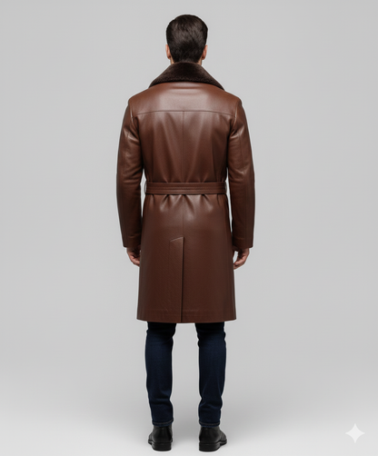 Close-up of the rich brown leather texture and soft dark fur collar on a premium men's winter overcoat.