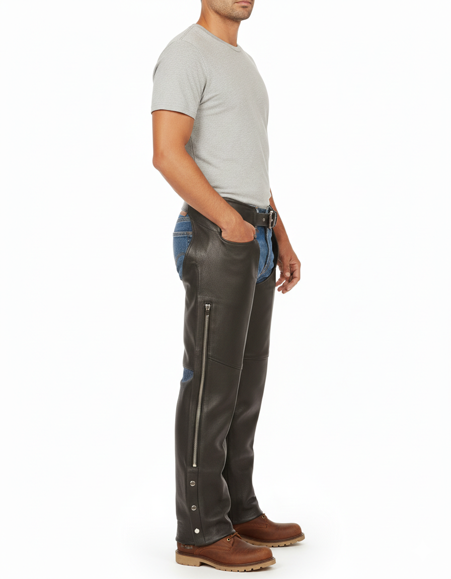 Close-up of the long vertical side zipper and silver metallic ankle hardware on professional black leather chaps.