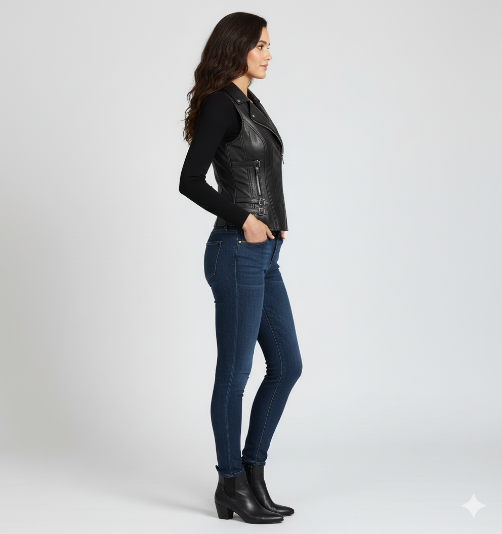 Sleeveless black leather vest with silver hardware, including a front zipper and adjustable buckles at the waist.