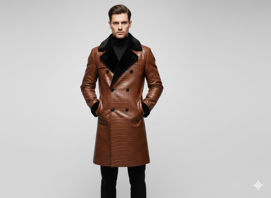 Men's mahogany crocodile-embossed leather trench coat with black shearling collar.