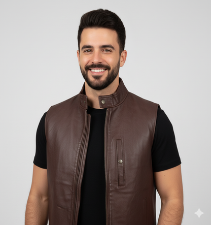 Close-up of the distressed brown leather and antique buttons on the front of a men's vest.