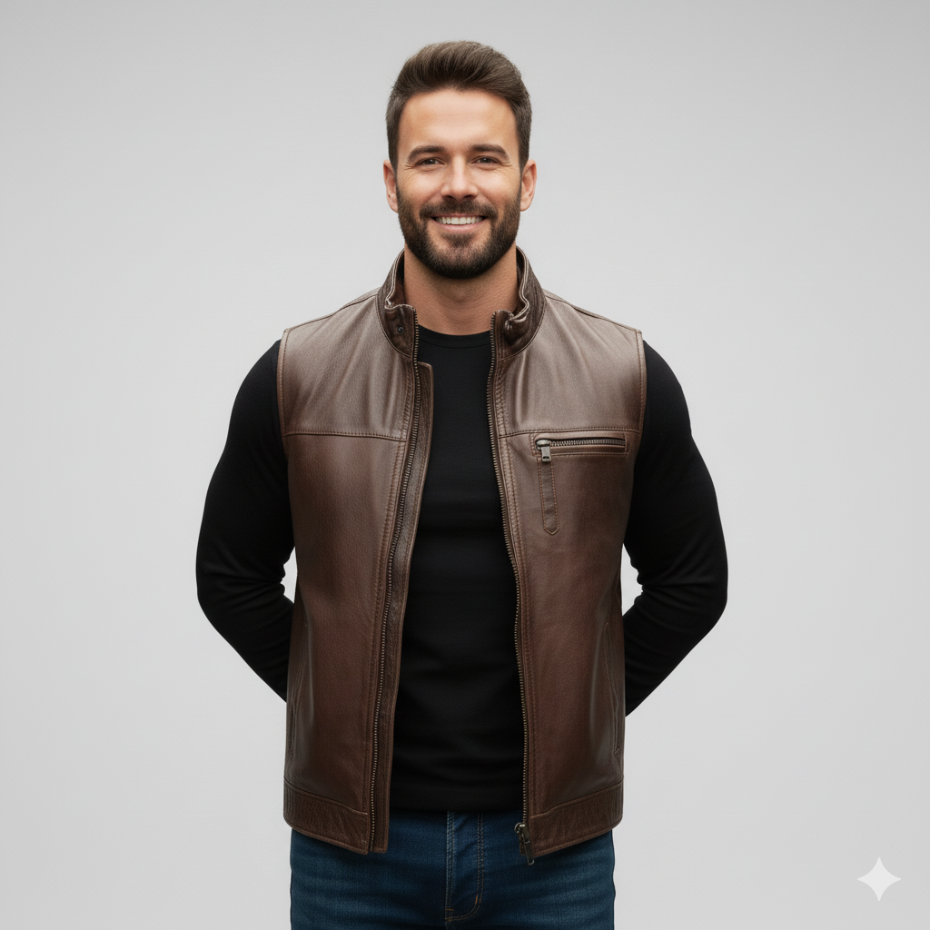 Close-up of the distressed brown leather texture, the shirt collar, and the snap closure on the vest.