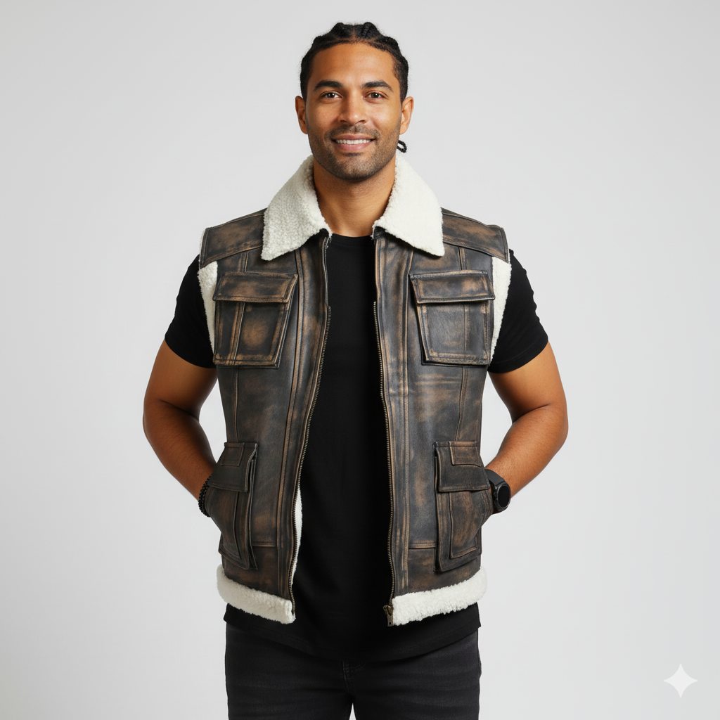 Close-up of the distressed brown leather texture and the soft white fur shearling lining detail on the vest's pockets and collar.