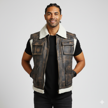 Close-up of the distressed brown leather texture and the soft white fur shearling lining detail on the vest's pockets and collar.