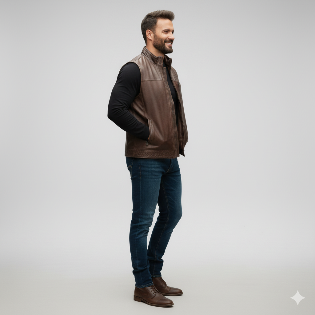 Men's distressed brown leather trucker vest with a shirt collar, snap-button front, and two flap chest pockets.