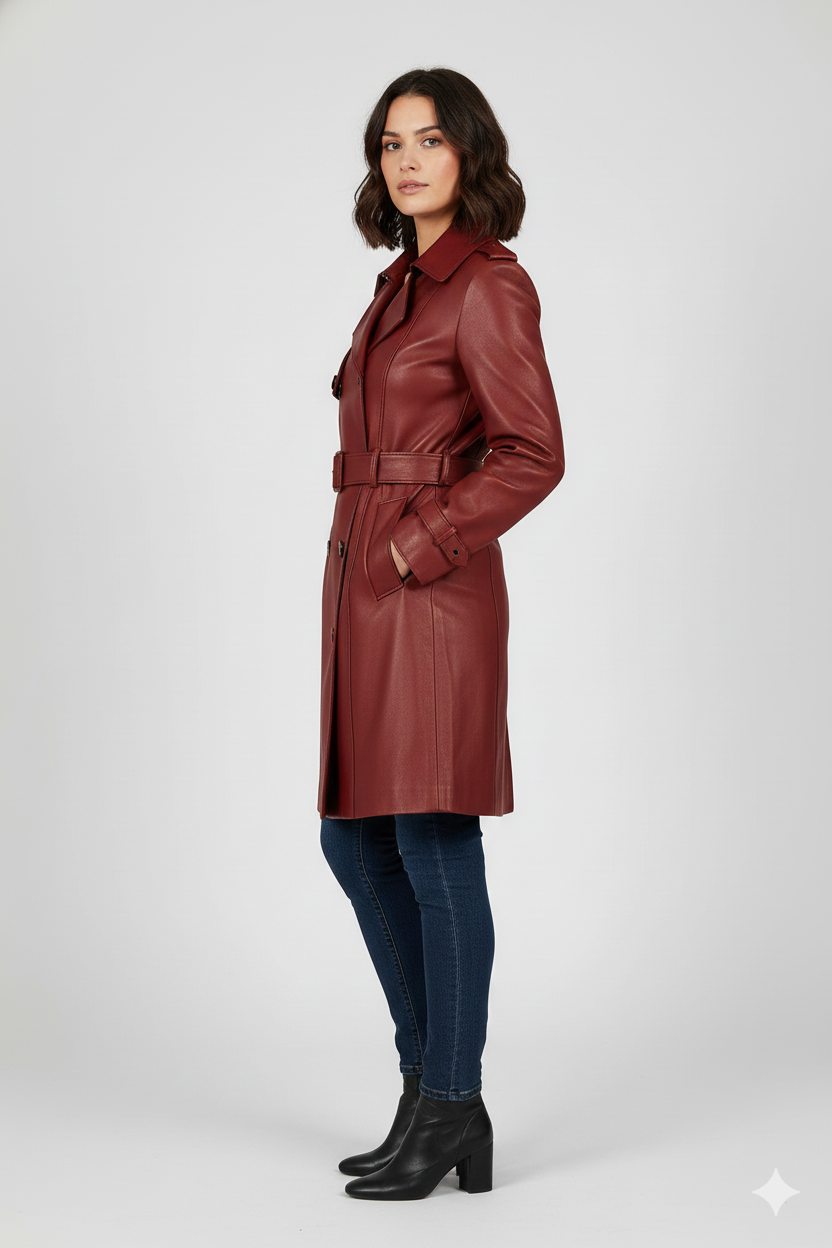Model wearing a sophisticated burgundy belted leather trench coat