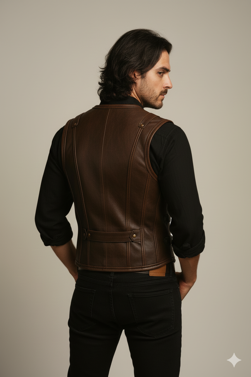 Vintage-style brown leather vest for men, featuring a dramatic buckle closure and a high collar.