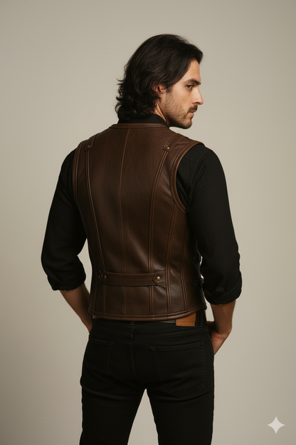 Vintage-style brown leather vest for men, featuring a dramatic buckle closure and a high collar.