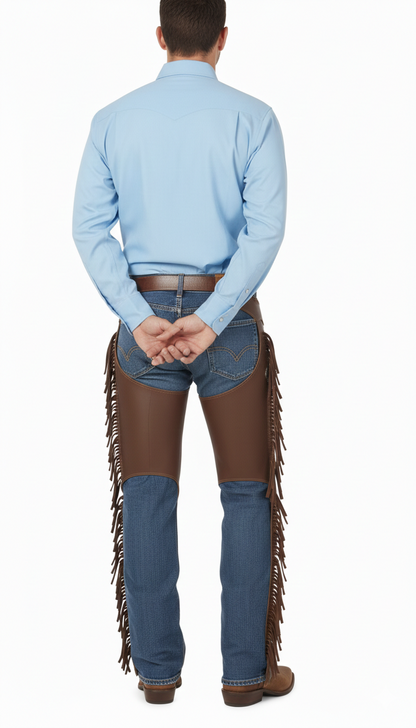Male model wearing brown leather protective chaps over blue jeans for a modern technical motorcycle look