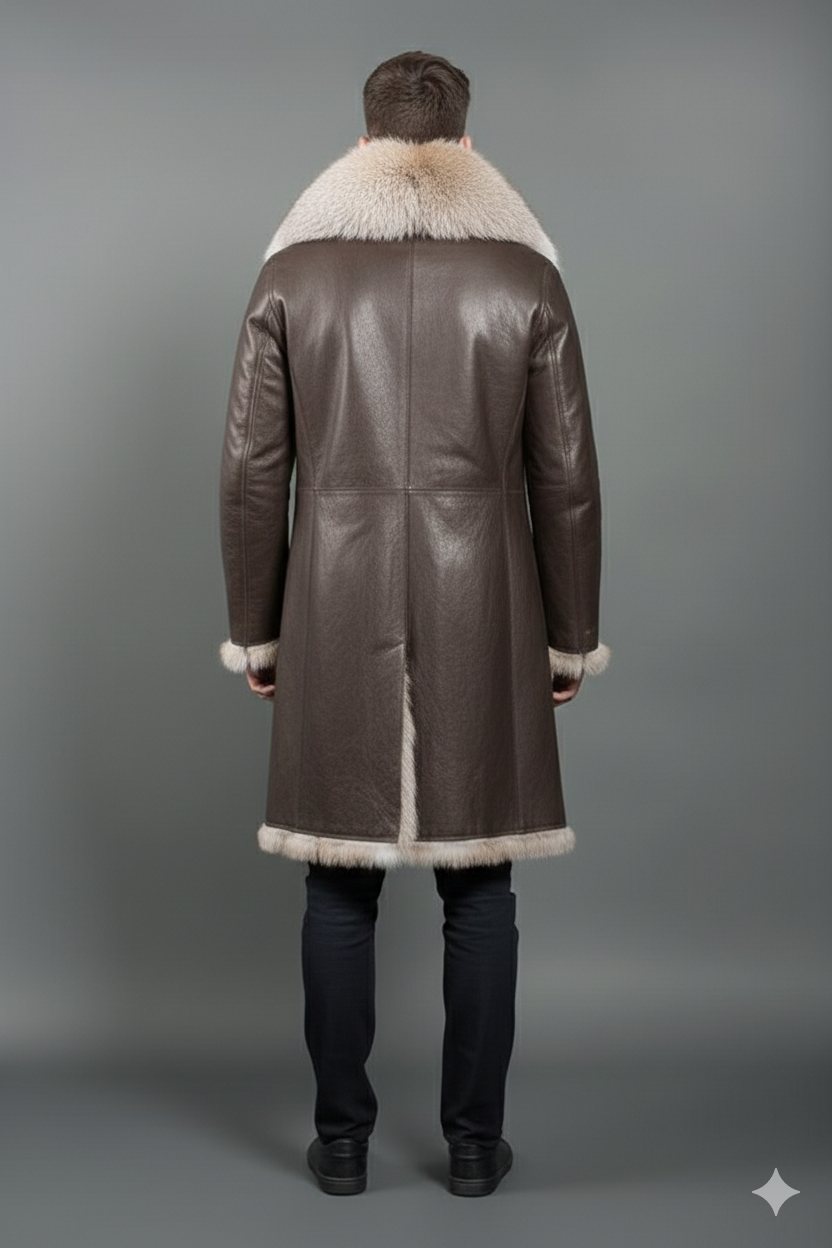 Close-up of the multi-tonal light grey fur trim and smooth brown leather grain on a premium men's winter coat.
