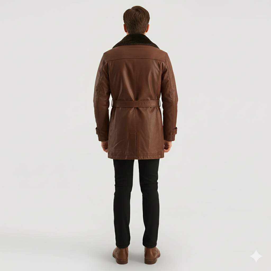 Close-up of the traditional buttons and reinforced belt eyelets on a premium men's brown leather duster.