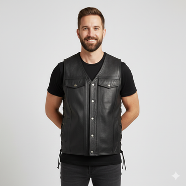 Close-up of the smooth black leather and the dark leather side lacing on the vest.
