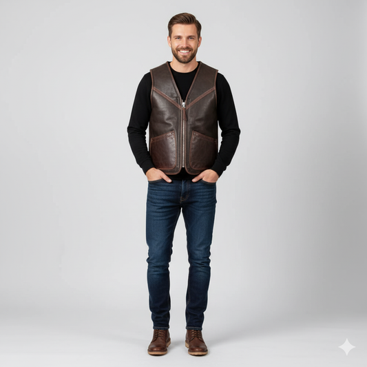 Full-length photo of a man in a textured brown leather vest over a black long-sleeve shirt and dark blue jeans, hands in pockets.
