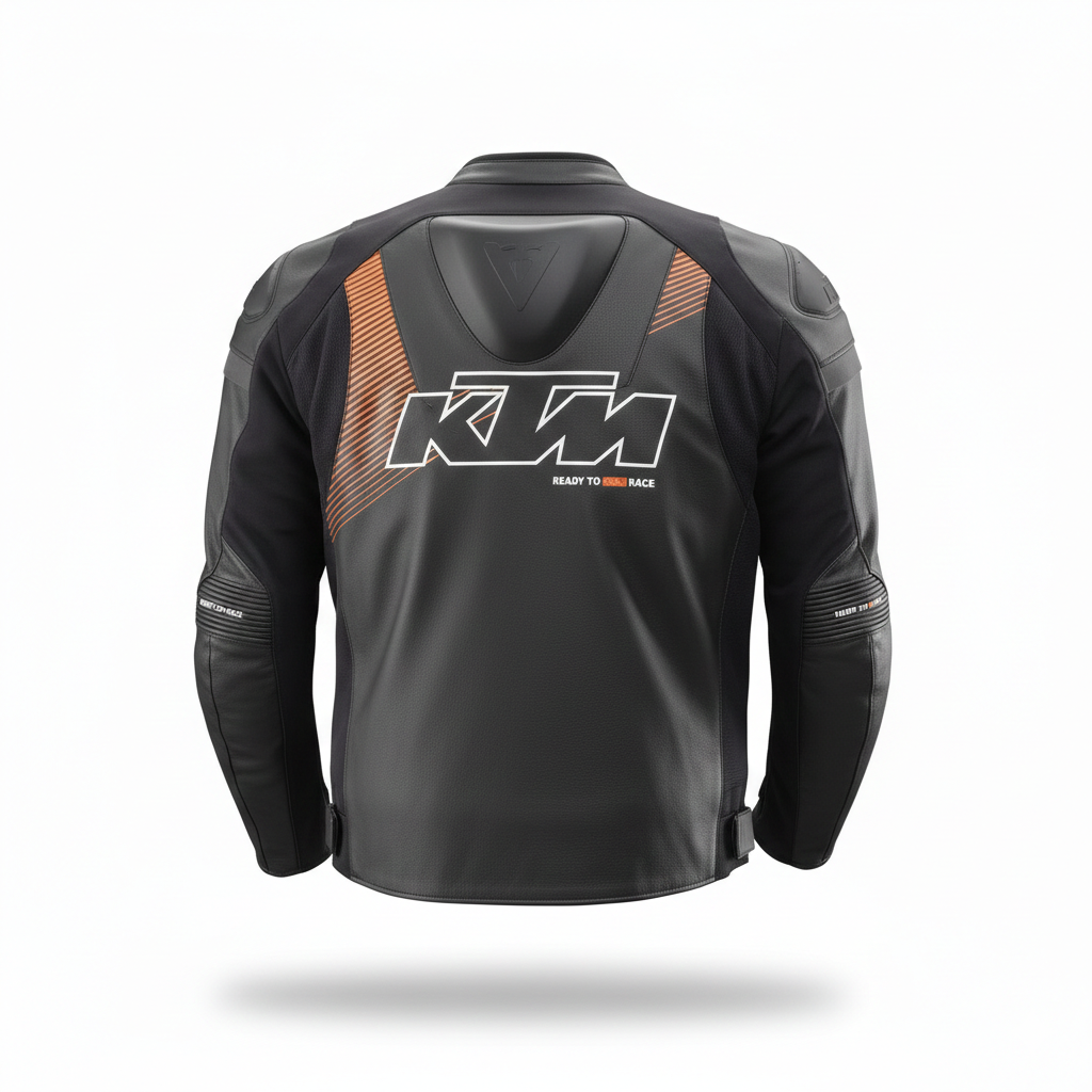 Detailed view of the KTM chest logo, external shoulder, and technical black leather panels on a professional racing jacket.