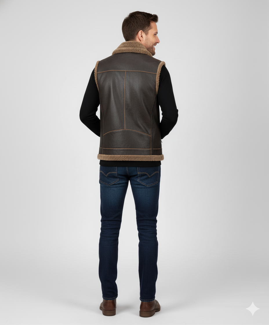 Man standing wearing a brown leather shearling-lined vest over a black long-sleeve shirt and blue denim jeans.