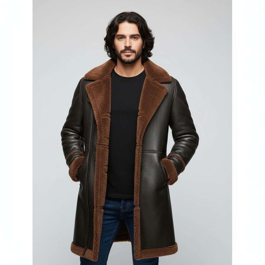 Men's espresso brown leather long coat with rust-colored shearling lining and oversized lapels.