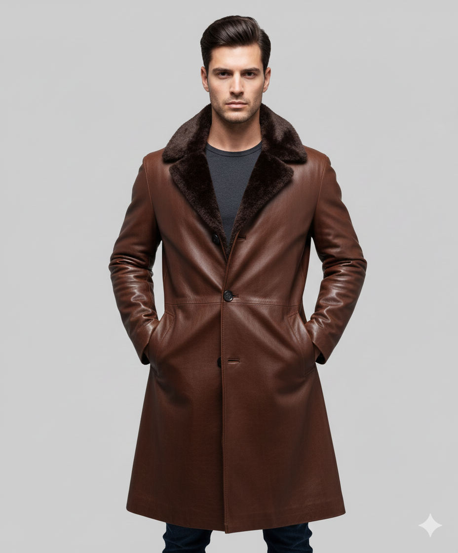 Men's mahogany brown leather overcoat with a dark fur collar and single-breasted buttons.
