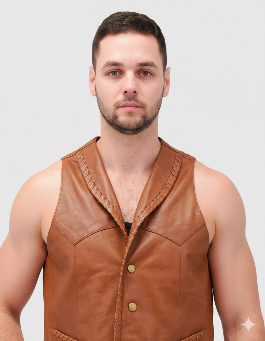 Close-up of the smooth tan leather texture and the contrasting leather braiding along the collar of the Western vest.