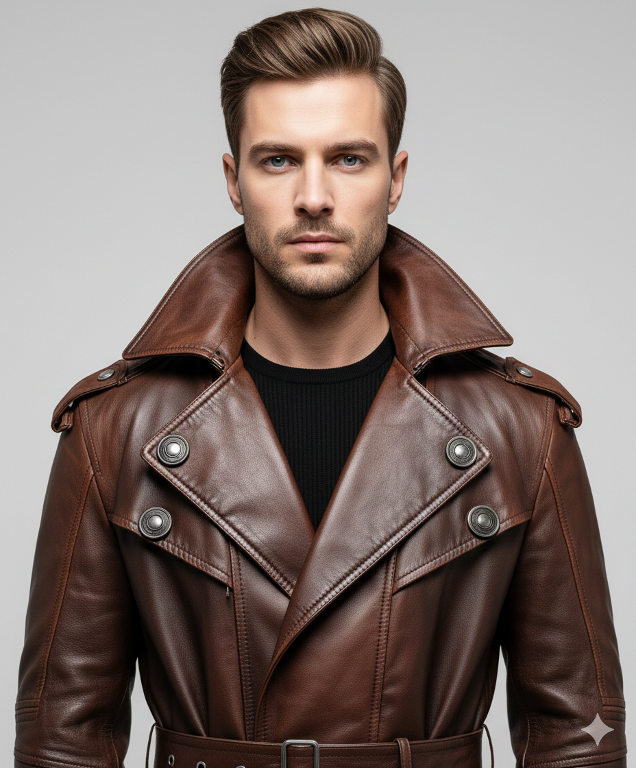 Longline brown leather heritage overcoat for men featuring quilted moto-style sleeve panels and large notch lapels.