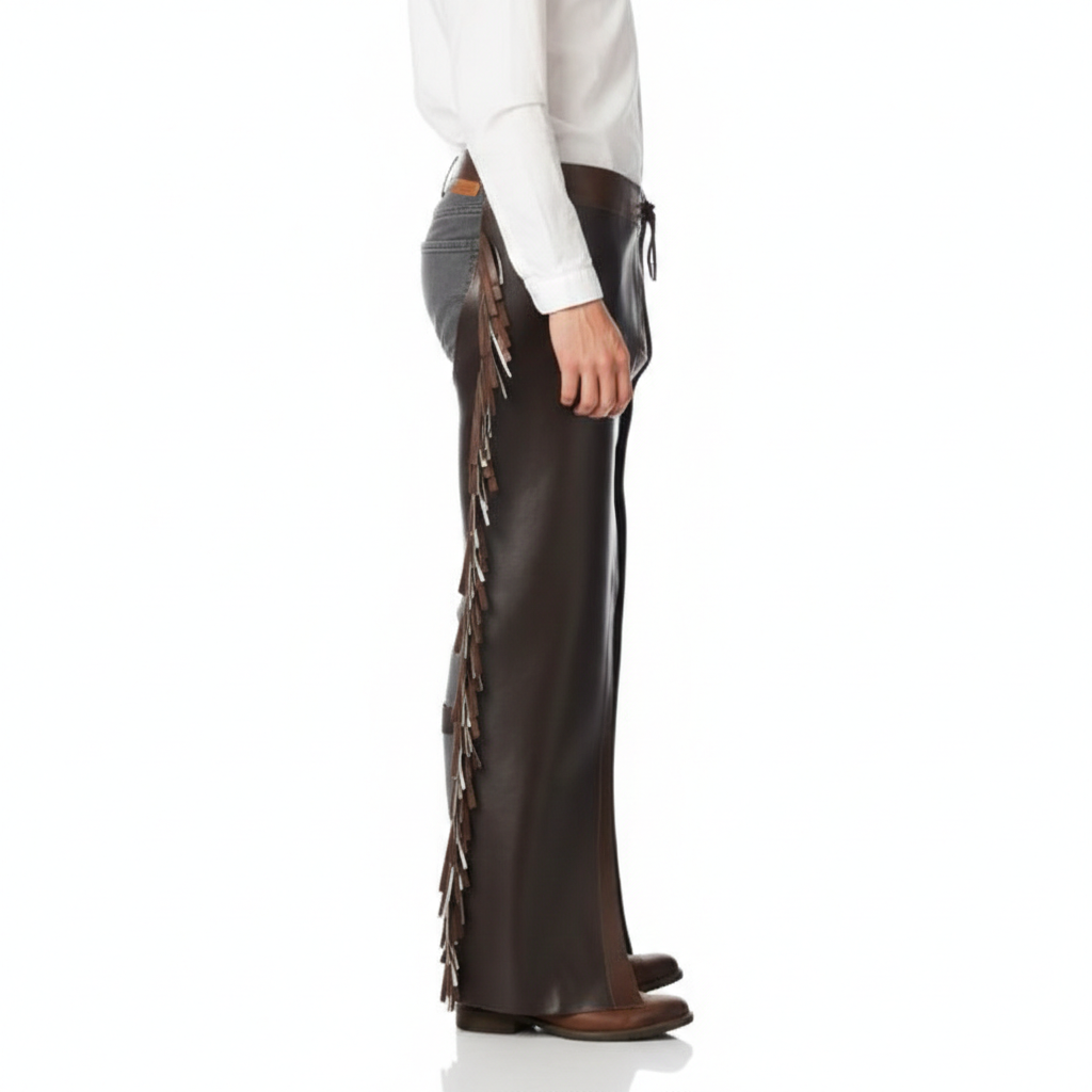 Close-up of the adjustable grommet lace-up front on a pair of brown leather biker chaps.